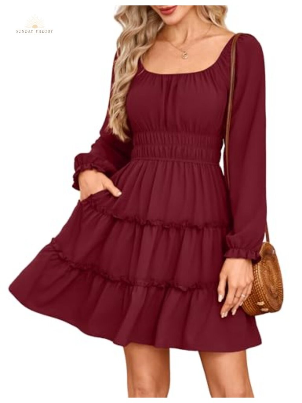 Square Neck Long Sleeve Tiered Ruffle A-Line Flowy Mini Dress with Pockets